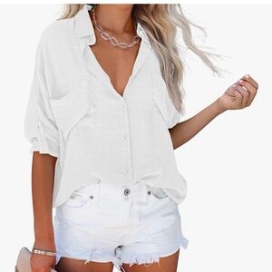 White Button Down Shirt Long Sleeve with Pockets